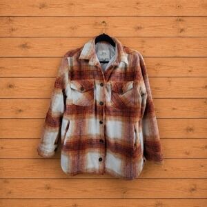 Thread & Supply Plaid Shirt Jacket Shacket Orange Cream Burgundy Large